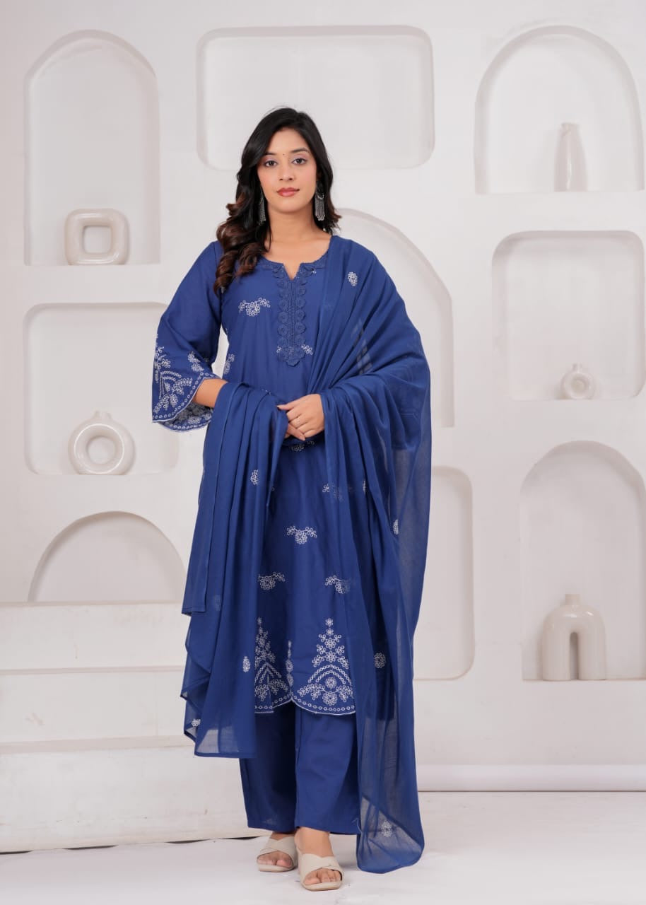 Royal Blue Cotton Embroidered Kurta Set