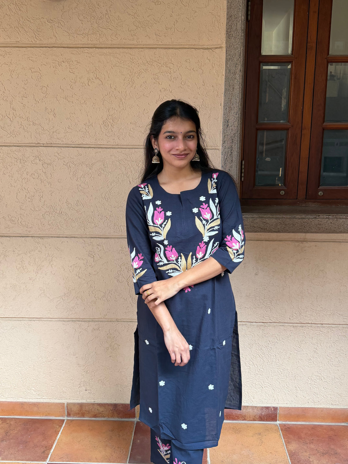 Navy Blue Floral Embroidered Kurta Set with Pants