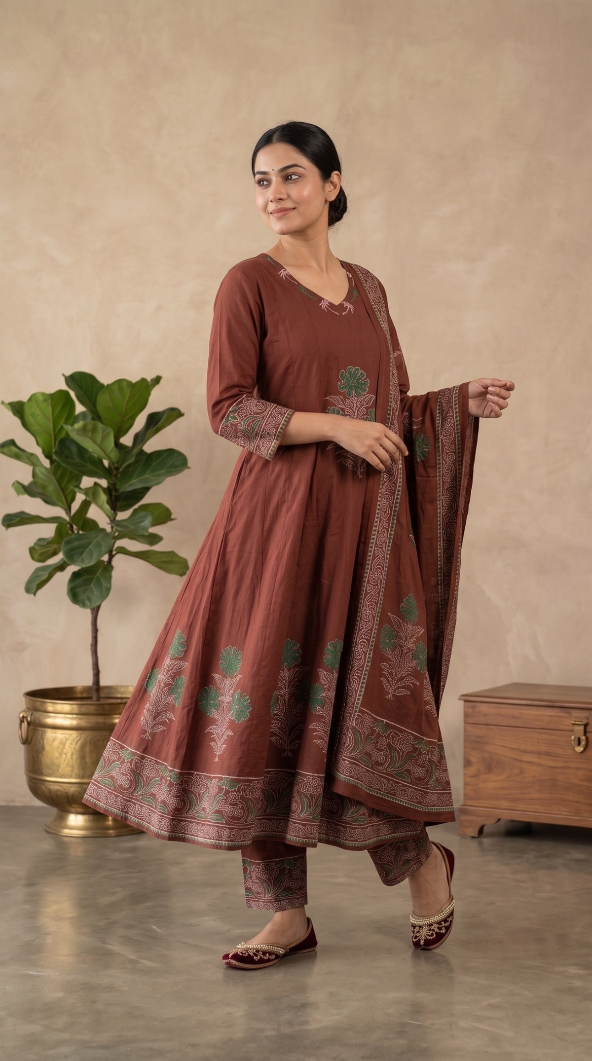 š¤ Rust Brown Handblock Printed Anarkali 3-Piece Set