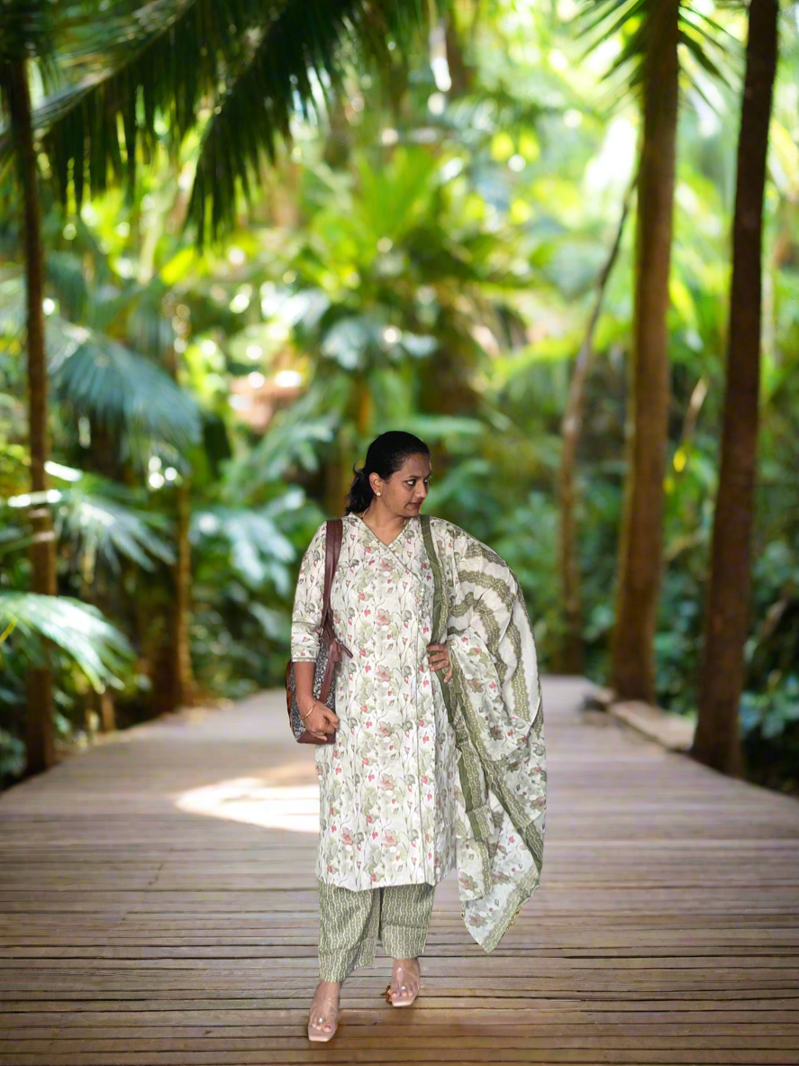 Olive Green Floral Cotton 3 Piece set