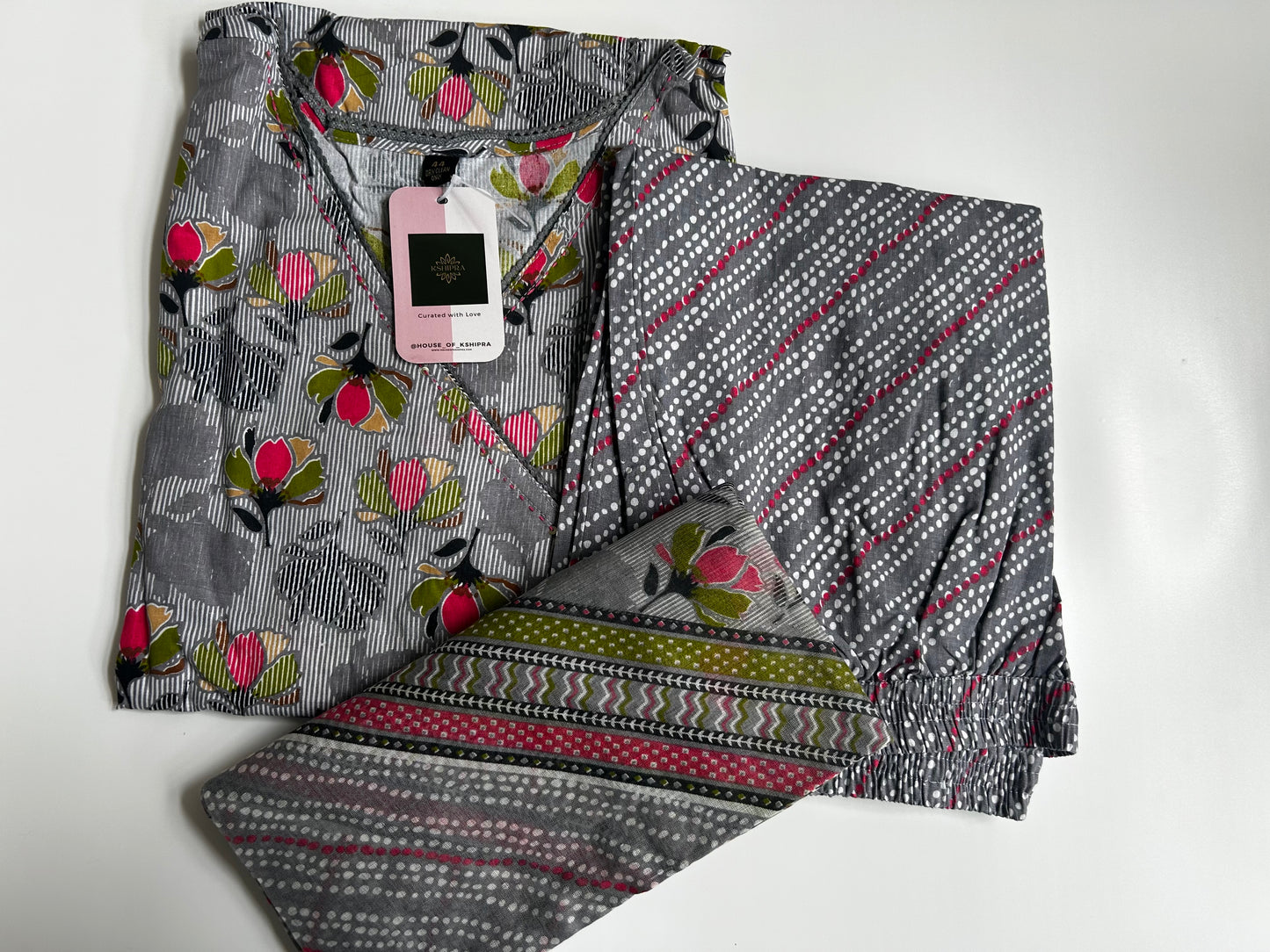Grey Floral Cotton 3 Piece set