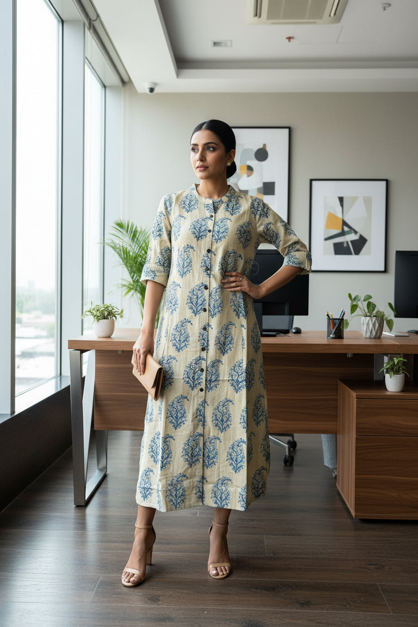 Beige and Blue Cotton Kurti