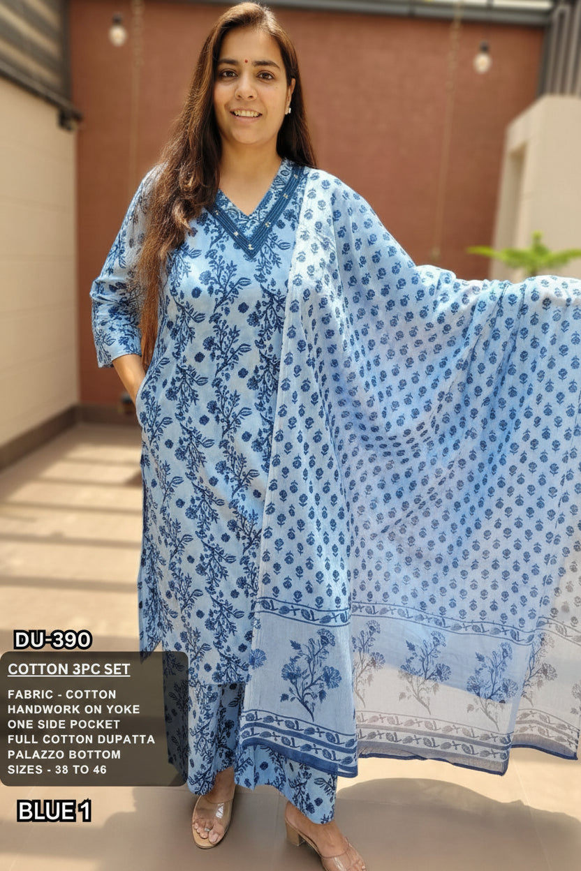 Blue Floral Handblock Cotton 3-Piece Kurta Set