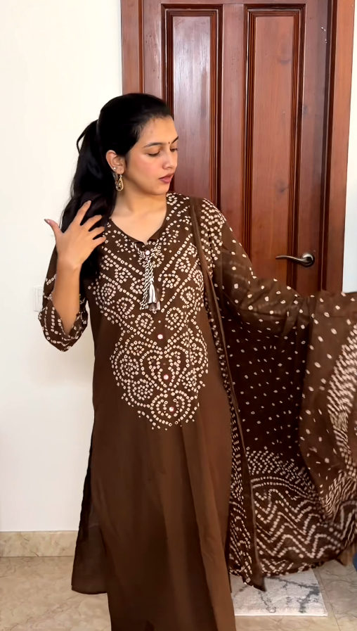 Chocolate Brown Bandhani 3-Piece Kurta Set