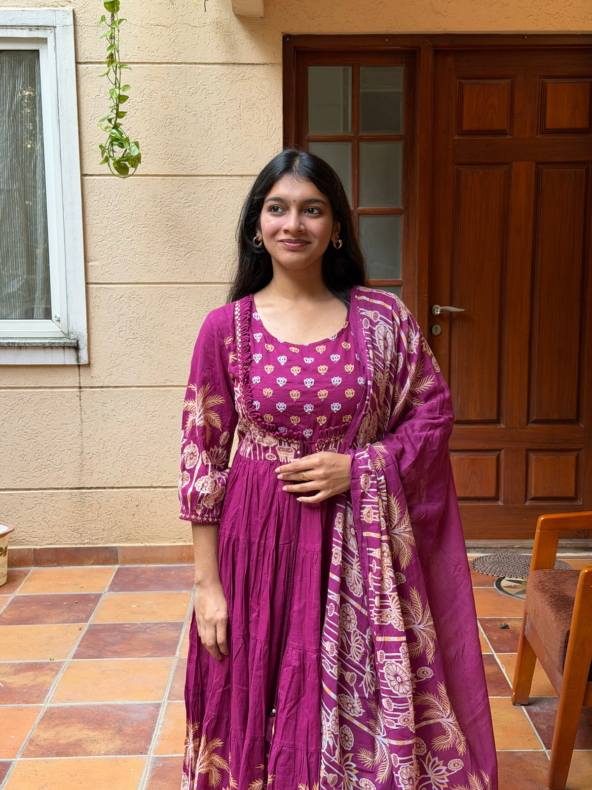 Magenta Printed Mul Cotton Anarkali 3-Piece Set