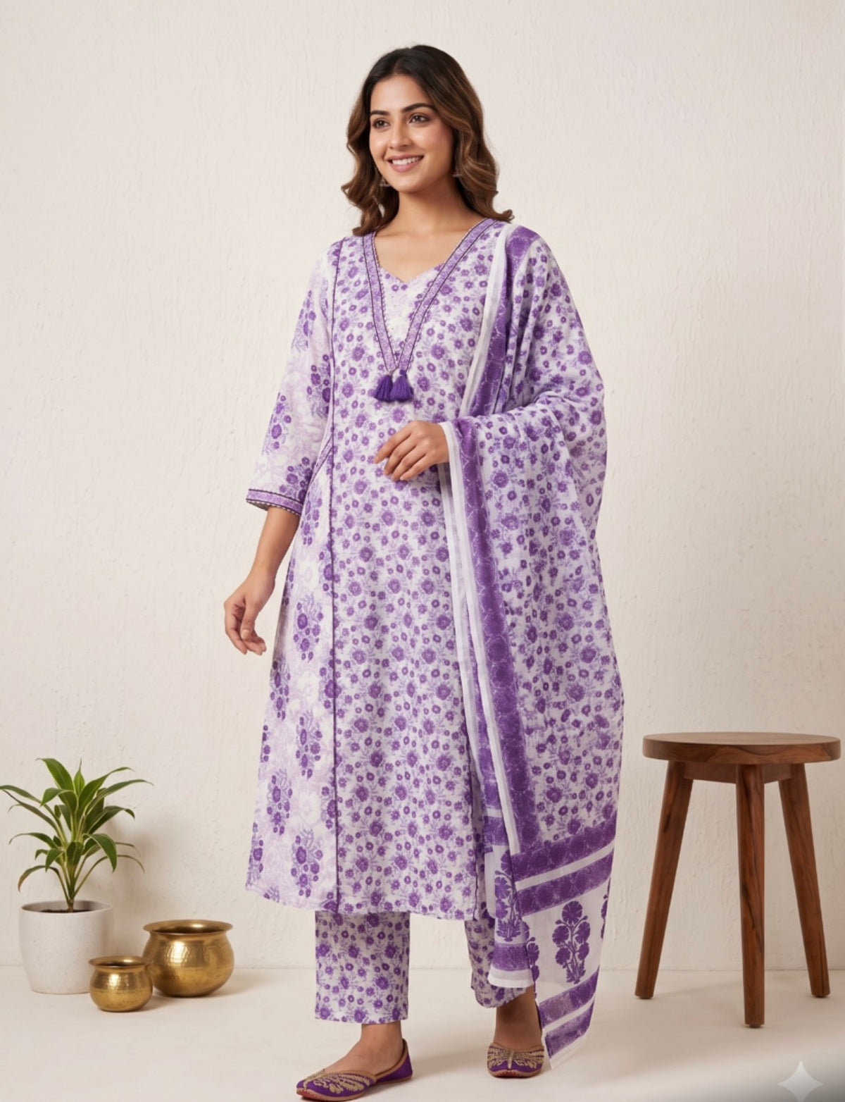 Lavender Floral Printed A-Line Kurta Set with Embroidery