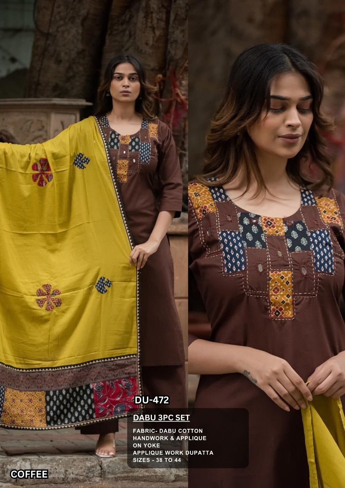 Coffee Brown Dabu Cotton 3-Piece Kurta Set with Appliqué