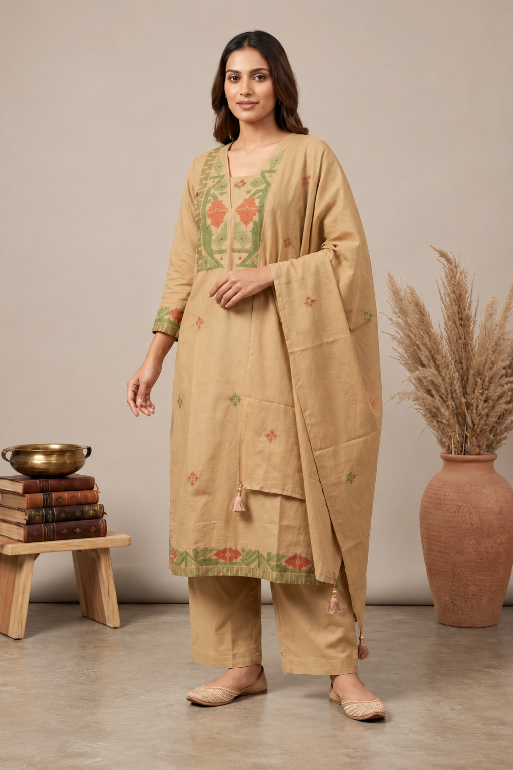Beige Embroidered 3-Piece Cotton Set