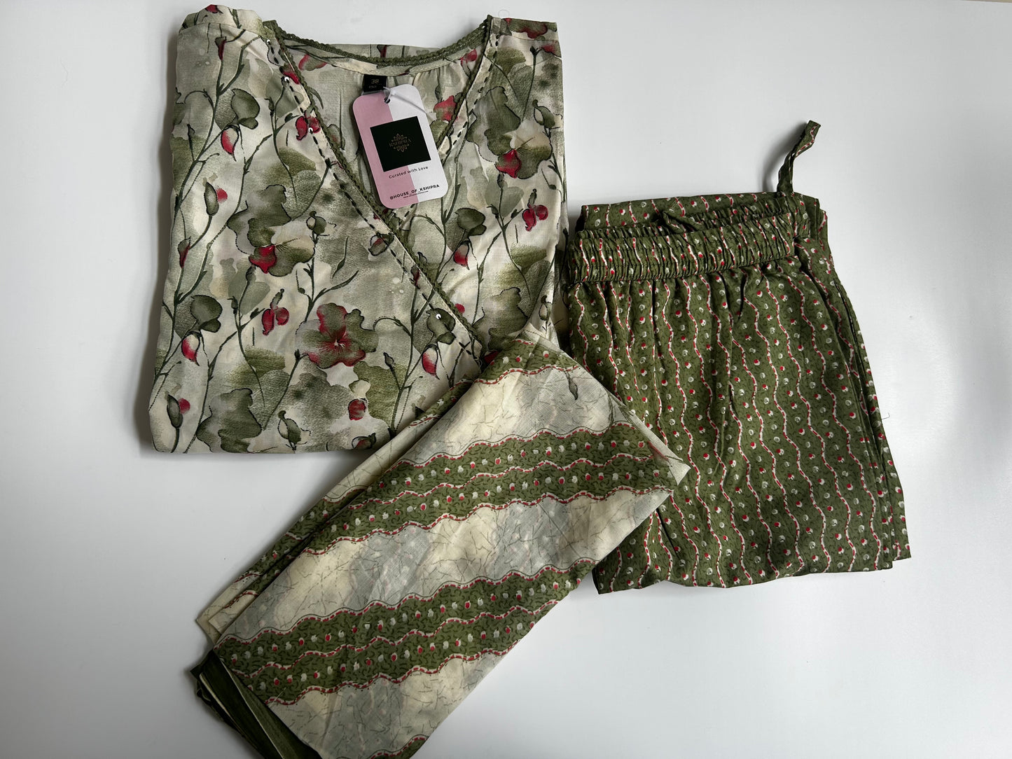 Olive Green Floral Cotton 3 Piece set
