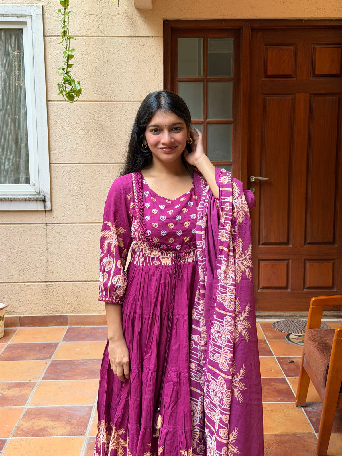 Magenta Printed Mul Cotton Anarkali 3-Piece Set