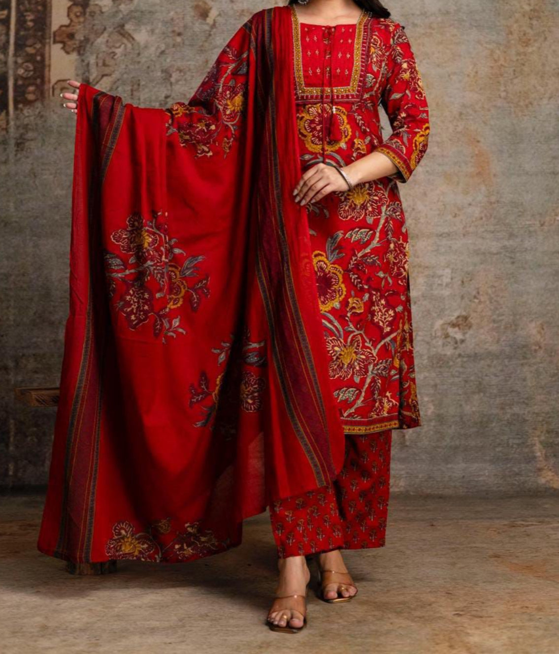 Red Handcrafted Cotton Kurta Set