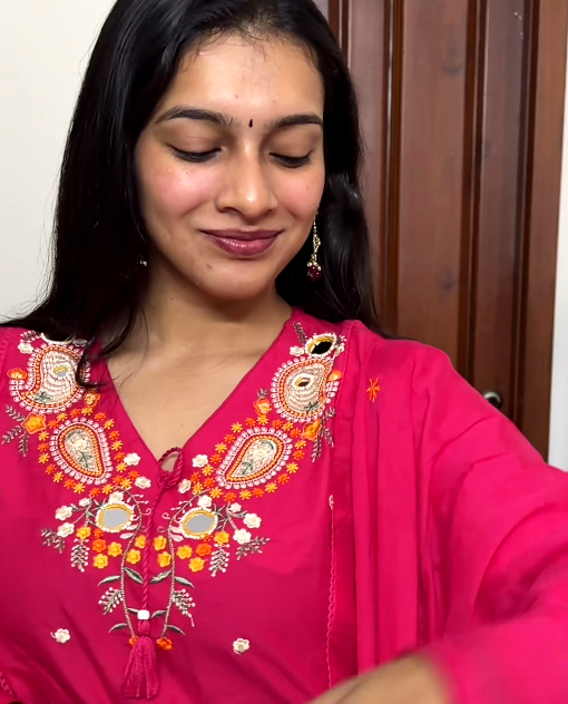 Rani Pink Embroidered Pure Cotton 3-Piece Kurta Set