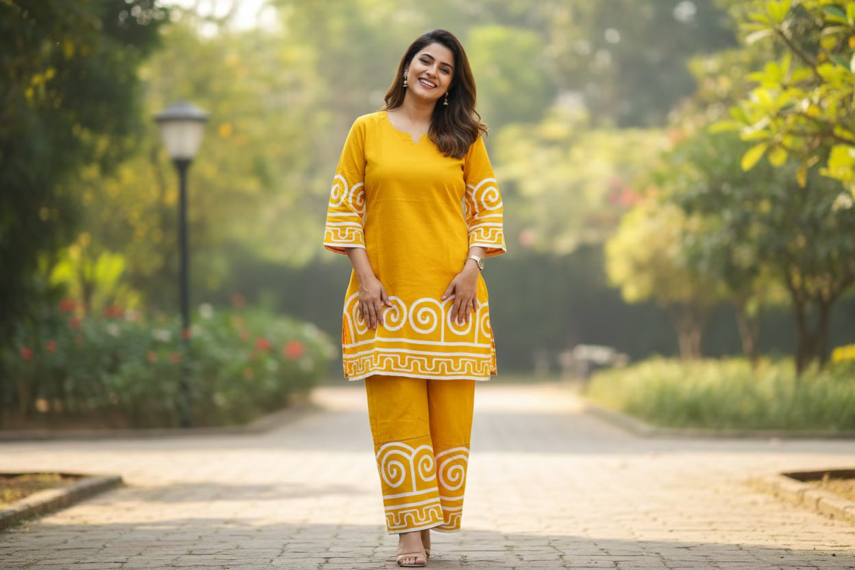 Yellow Handblock print Cotton Coord set