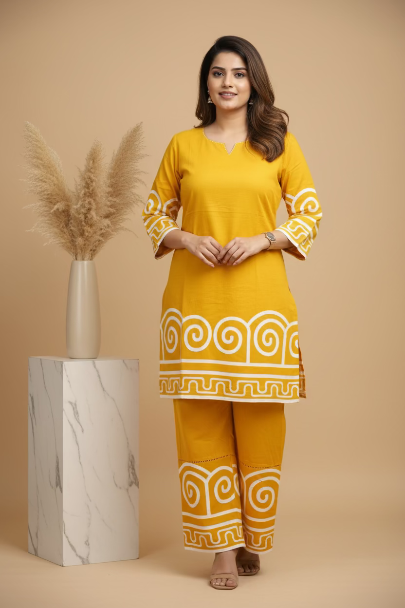 Yellow Handblock print Cotton Coord set