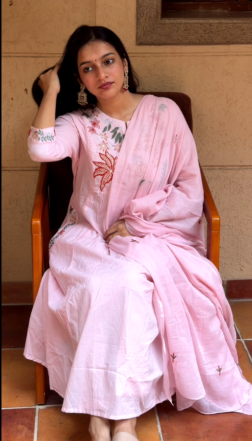 Blush Pink Floral Embroidered Cotton Anarkali Set