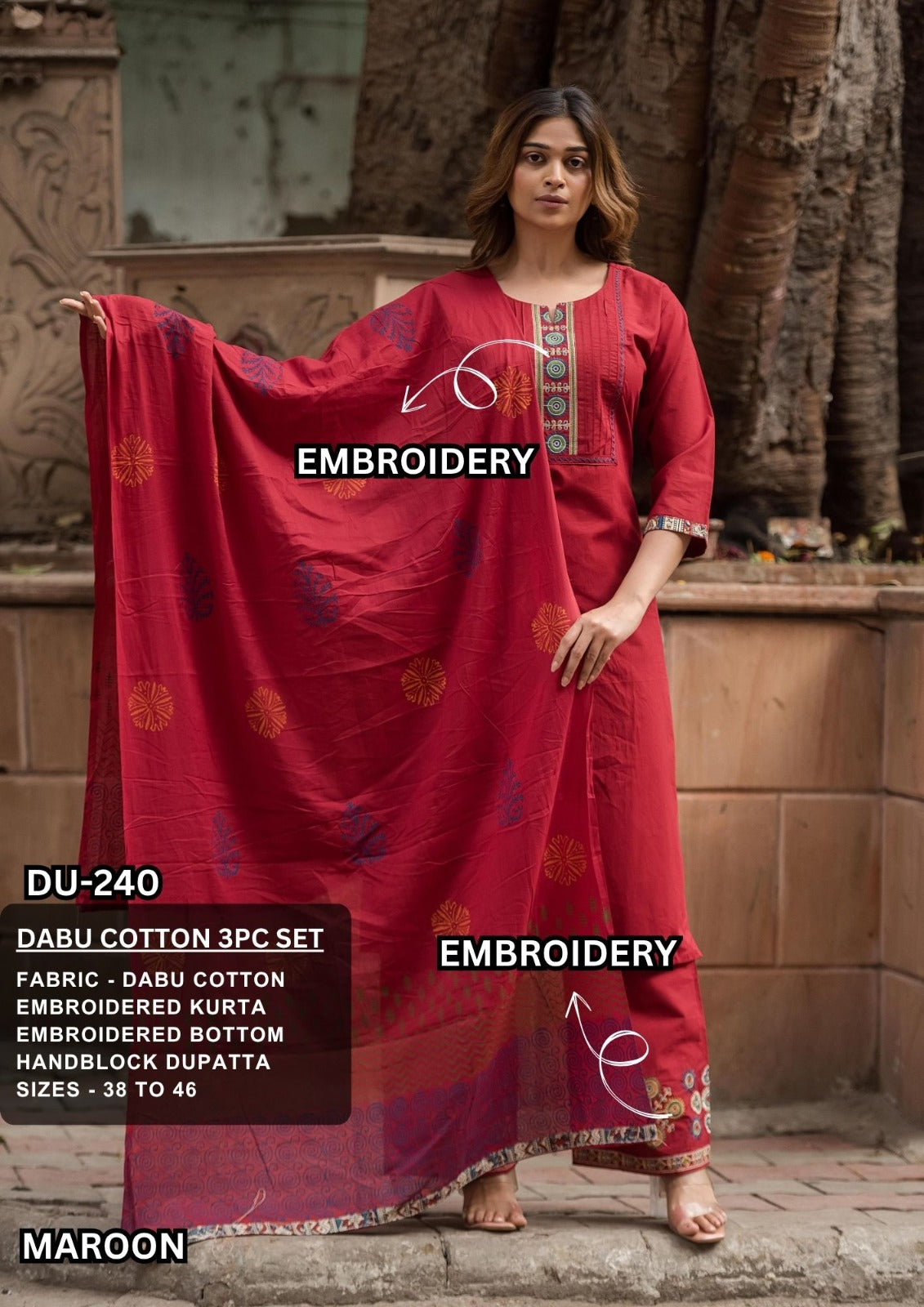 Maroon Dabu Cotton Embroidered 3-Piece Kurta Set