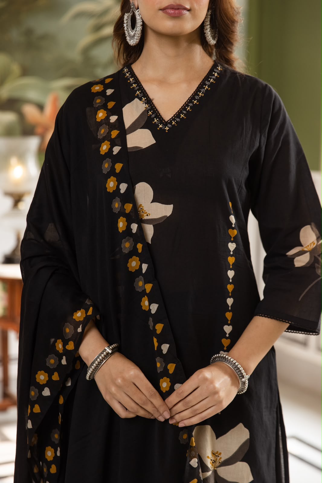 Black Cotton Placement Print Kurta Set with Dupatta