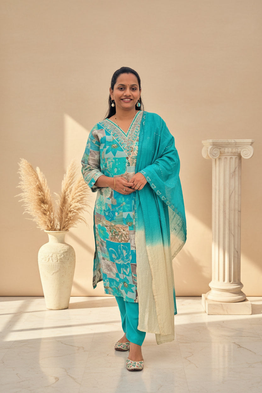 Chic Sea Green 3-Piece Kurta Set with Embroidery