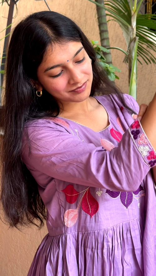 Lavender Floral Embroidered Anarkali Kurta Set with Dupatta