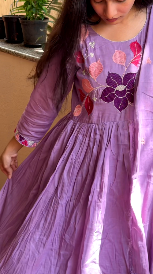 Lavender Floral Embroidered Anarkali Kurta Set with Dupatta