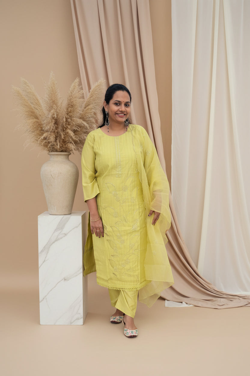 Neon Yellow Embroidered Kurta Set