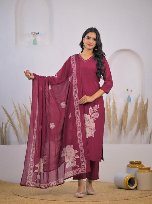 Wine Cotton Printed Kurta Set