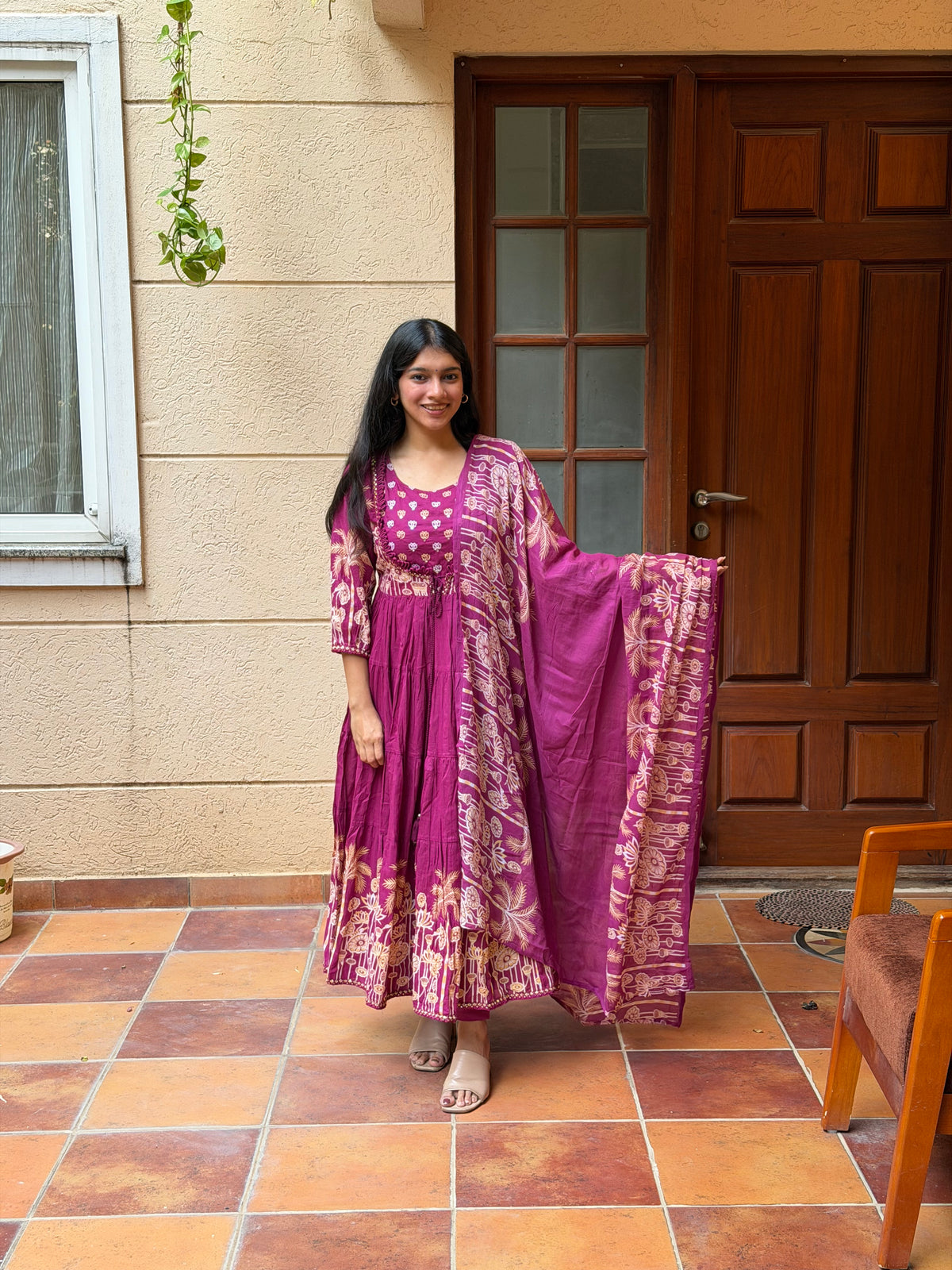 Magenta Printed Mul Cotton Anarkali 3-Piece Set