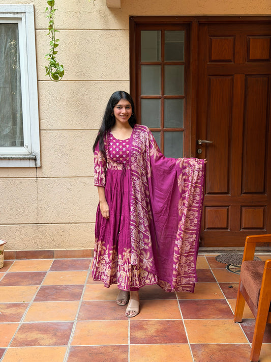 Magenta Printed Mul Cotton Anarkali 3-Piece Set