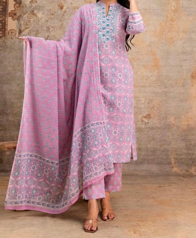Dusty Rose Pink Printed Cotton Kurta Set – Pink & Blue