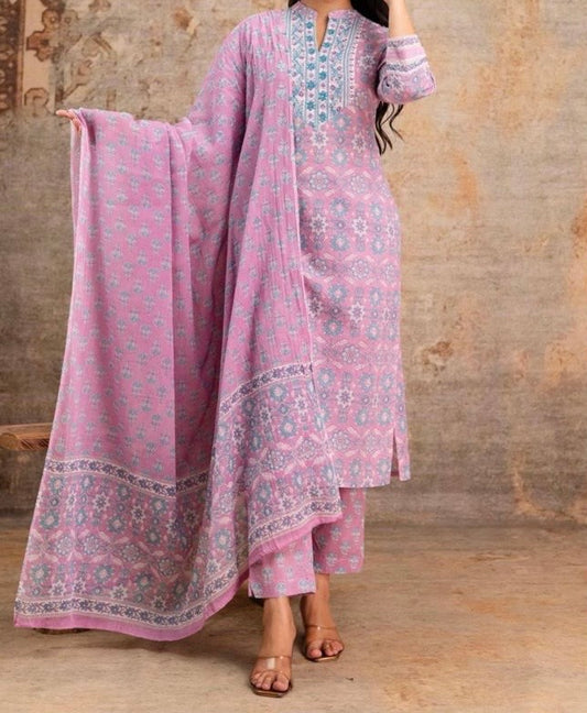Dusty Rose Pink Printed Cotton Kurta Set – Pink & Blue