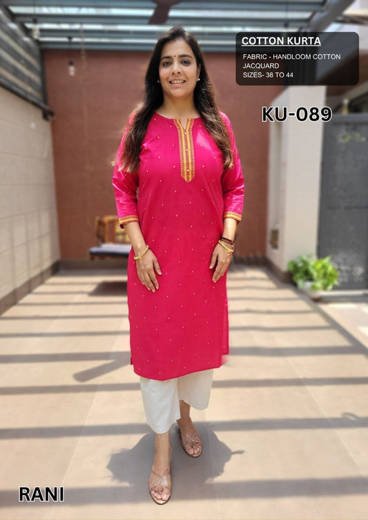 Rani Pink Handloom Cotton Jacquard Kurti