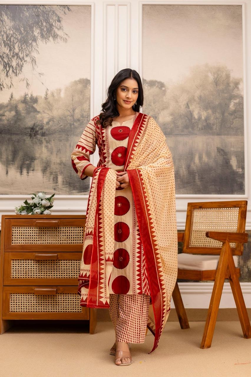 Beige and Red Printed Kurta