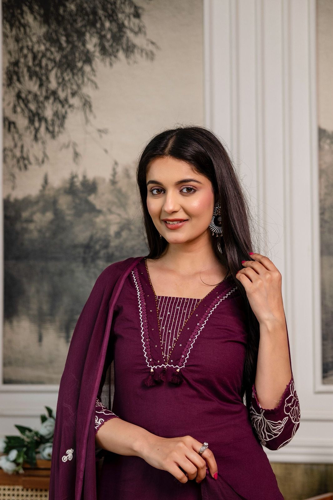 Wine Cotton Embroidered Kurta Set with Palazzo & Dupatta