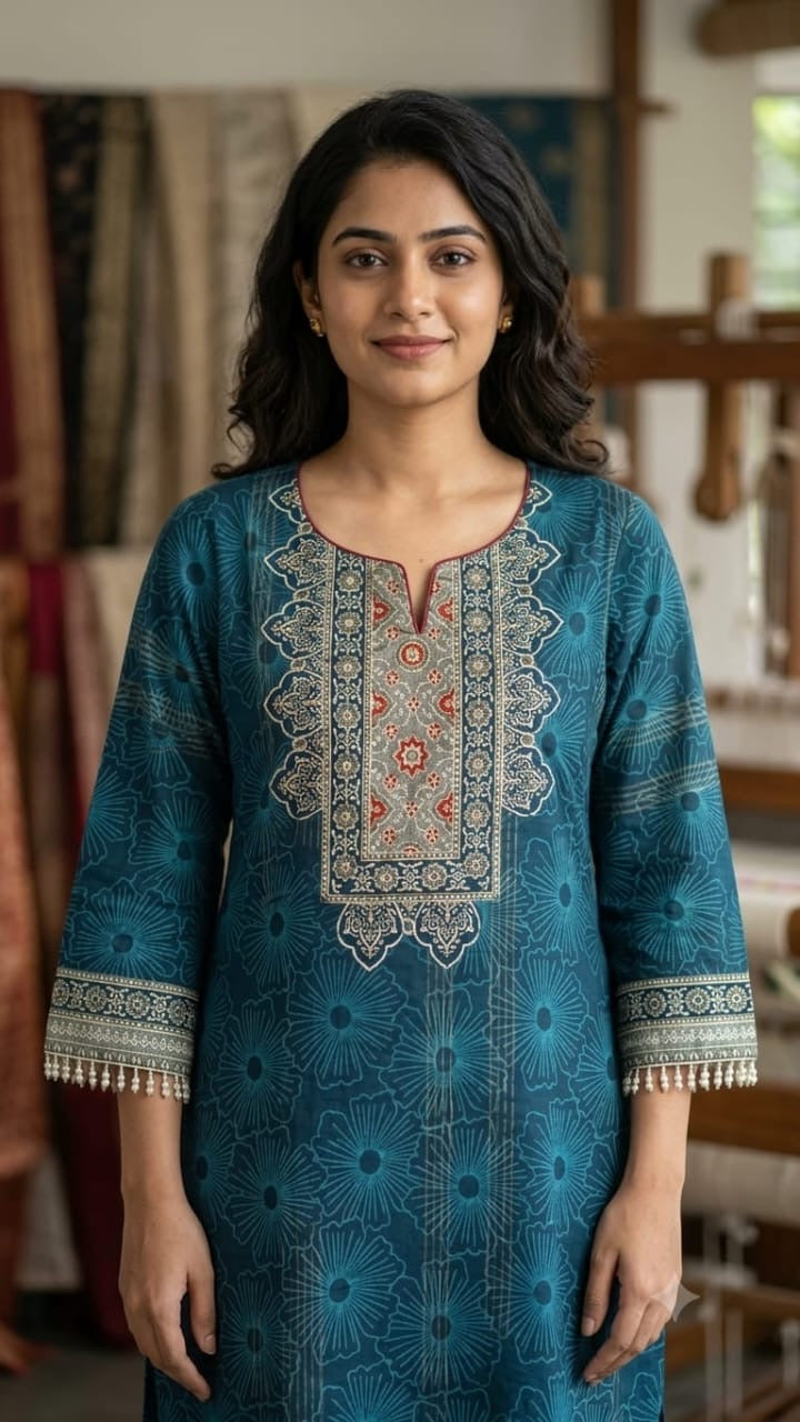 Teal Blue Printed Cotton Kurta Set with Pearl Sleeve Detailing
