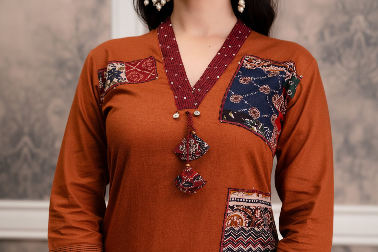 Rust Orange Patchwork Pure Cotton Kurta Set