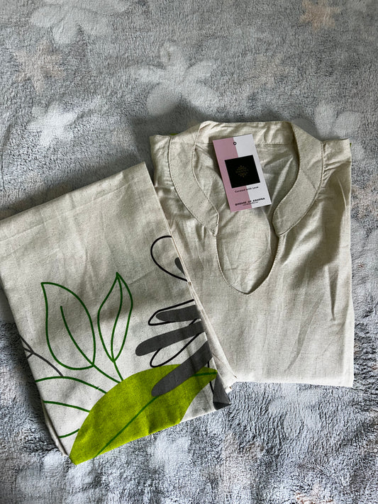 Ivory and Green Shade - Pure Khadi cotton co ord set