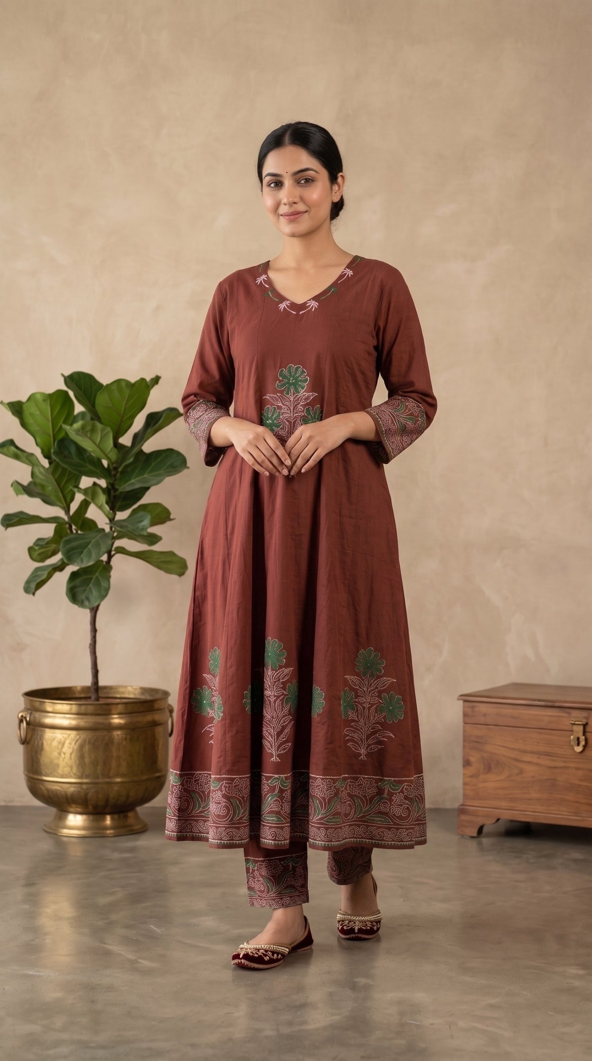 🤎 Rust Brown Handblock Printed Anarkali 3-Piece Set