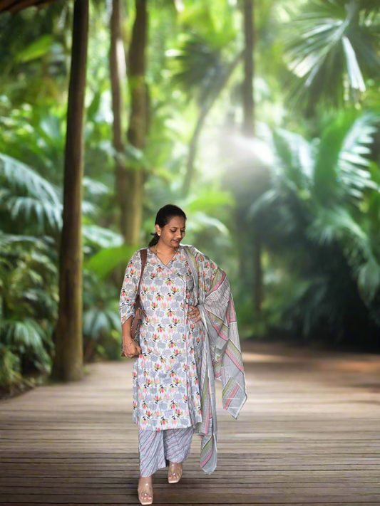 Grey Floral Cotton 3 Piece set