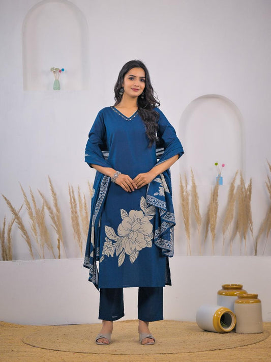 Teal Blue Cotton Printed Kurta Set with Dupatta