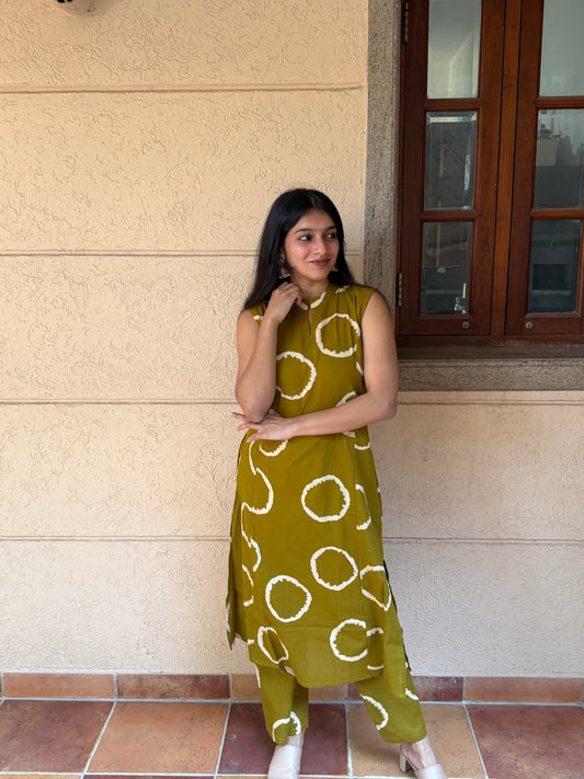 Olive Green Printed Cotton Kurta Co-ord Set