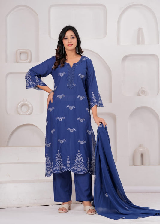 Royal Blue Cotton Embroidered Kurta Set