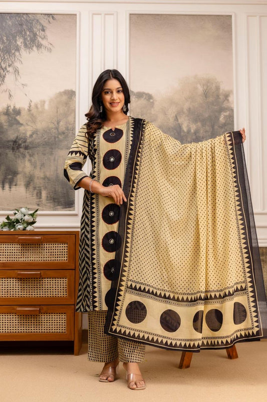 Beige Black Printed Kurta Set