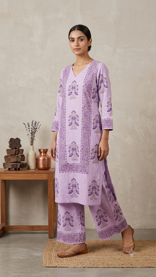Lavender Hand block Printed Cotton Kurta & Palazzo Set
