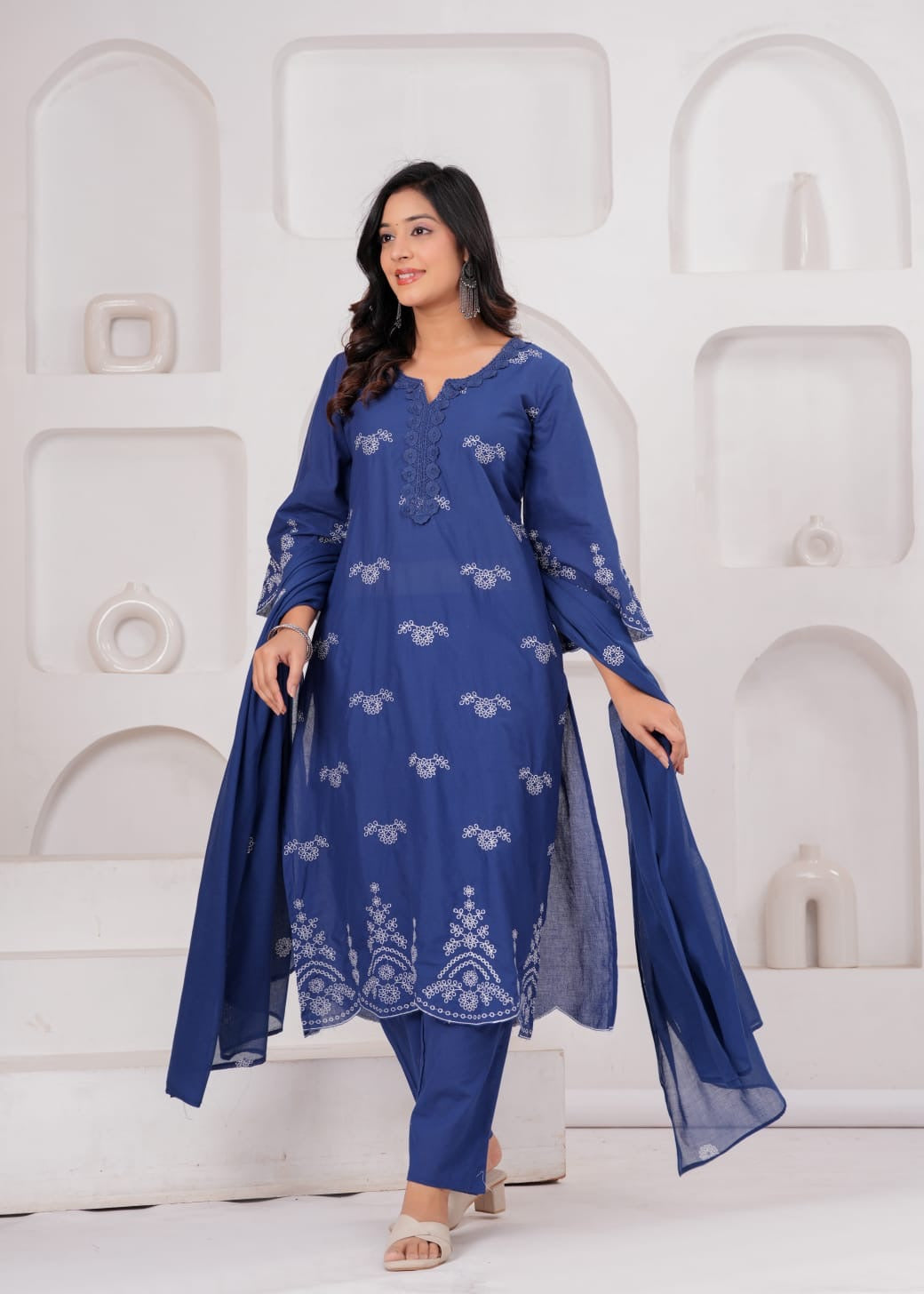 Royal Blue Cotton Embroidered Kurta Set
