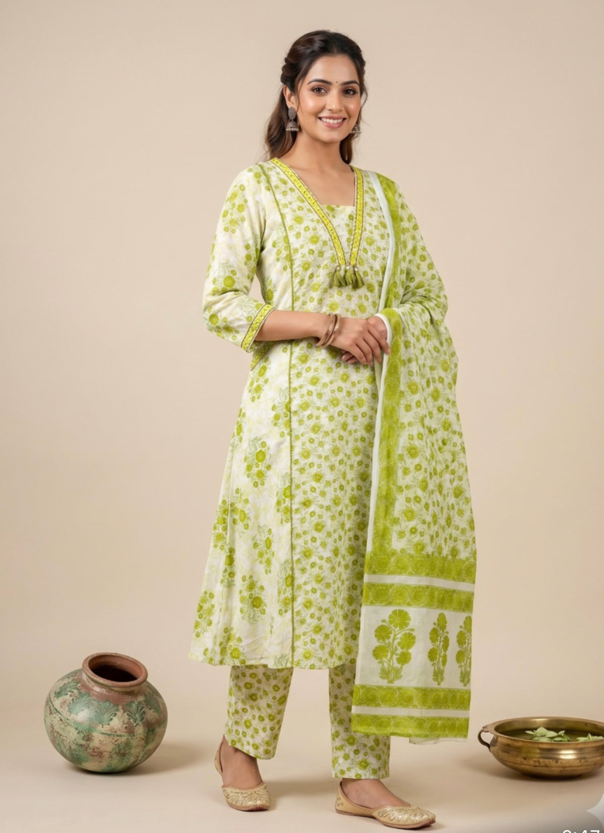 Pista Green Floral Printed Cotton A-Line Kurta Set