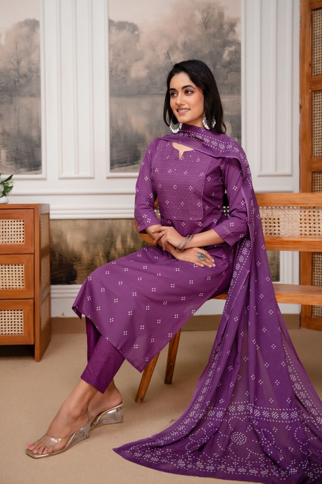 Purple Bandhani Pure Cotton Kurta Set