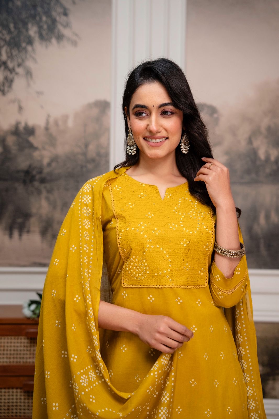 Mustard Bandhani Pure Cotton Kurta Set