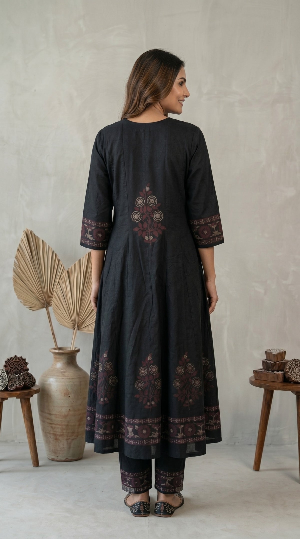 Black Handblock Printed Anarkali 3-Piece Set