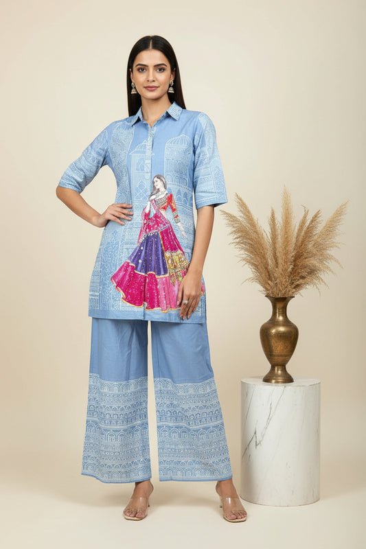 Blue 3D printed Cotton Coord set