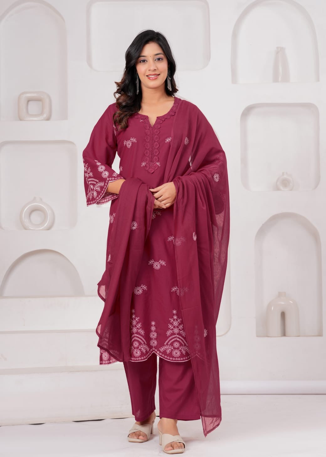 Wine Cotton Embroidered Kurta Set